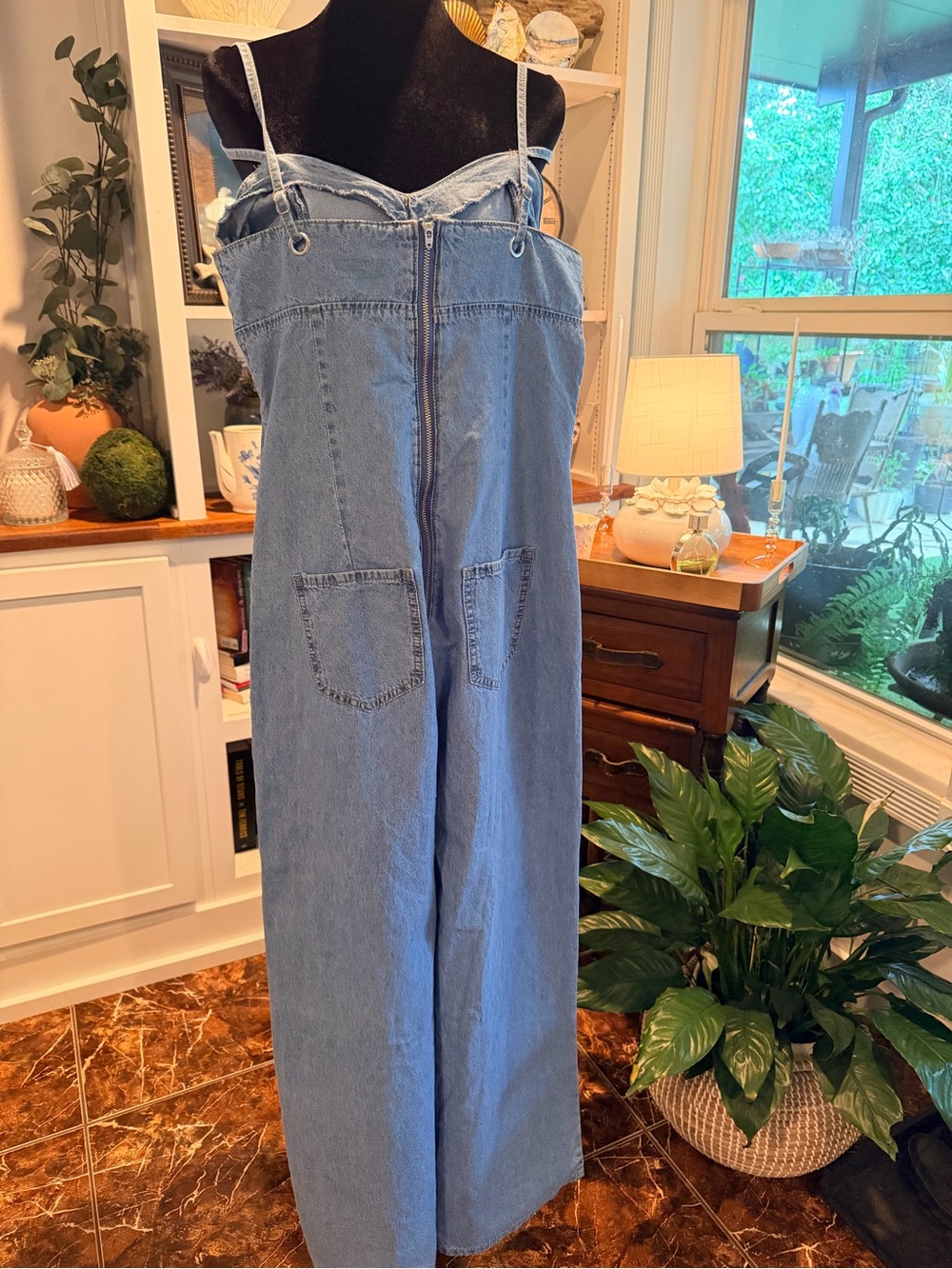 Light Blue Wide-Leg Denim Jumpsuit with Spaghetti Straps - Picture 4 of 8